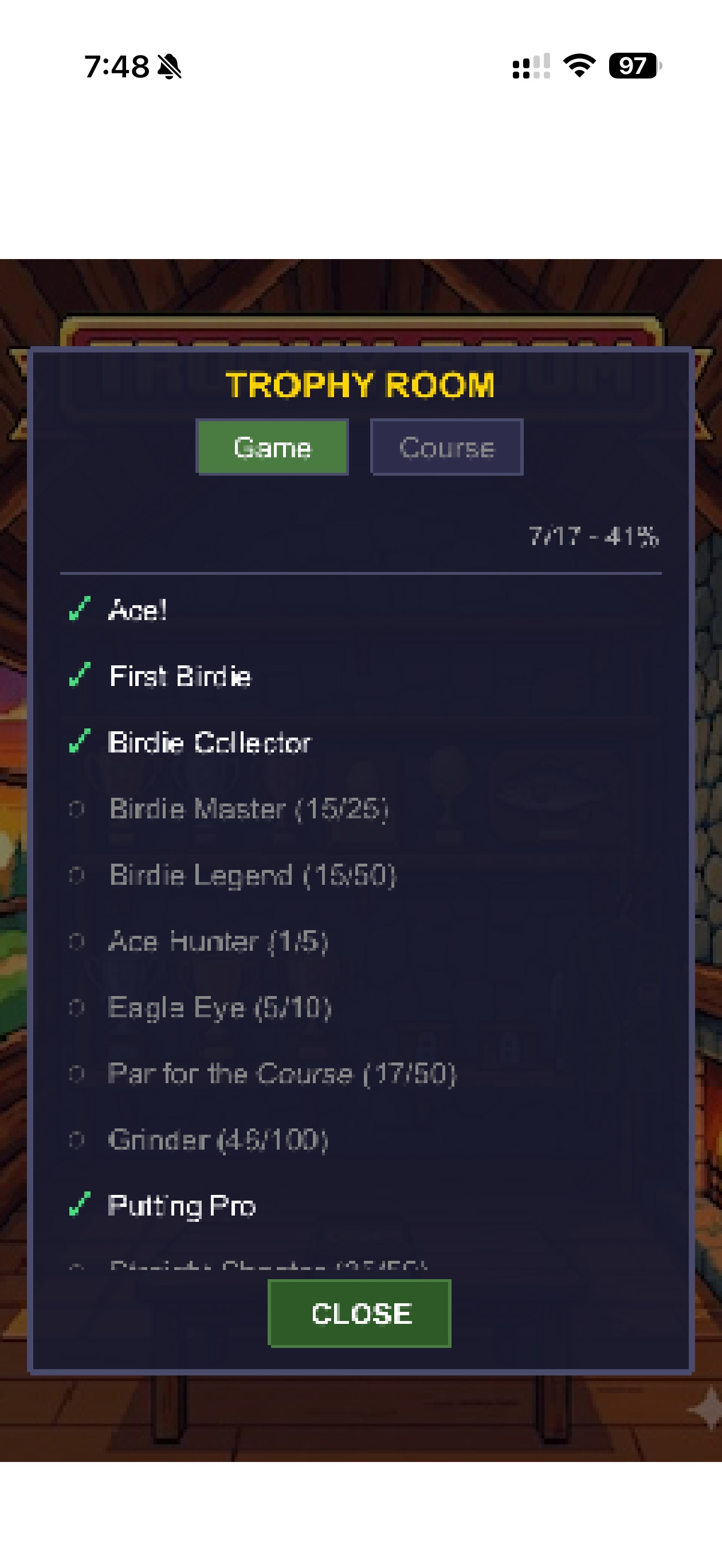 Retro Golf trophy room and achievements
